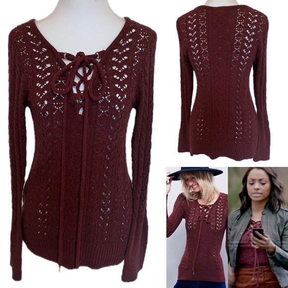 Free People open knit burgundy sweater Bonnie Vampire Diaries wore this style - Picture 1 of 12